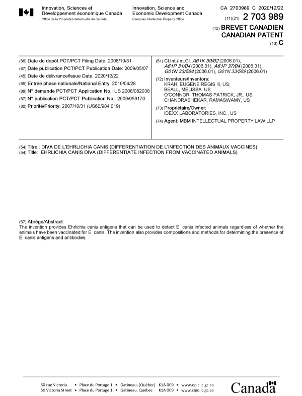 Document de brevet canadien 2703989. Page couverture 20201123. Image 1 de 1