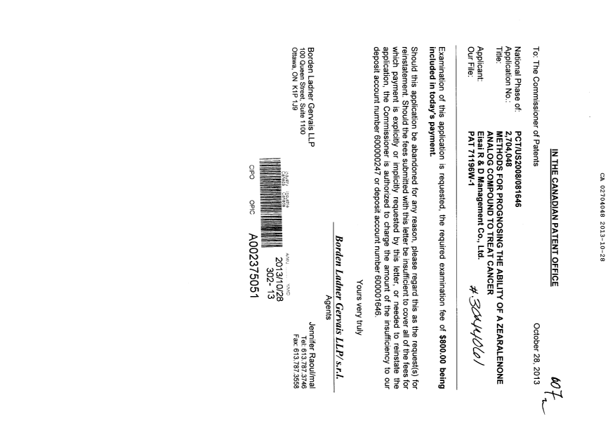 Document de brevet canadien 2704048. Poursuite-Amendment 20121228. Image 1 de 1