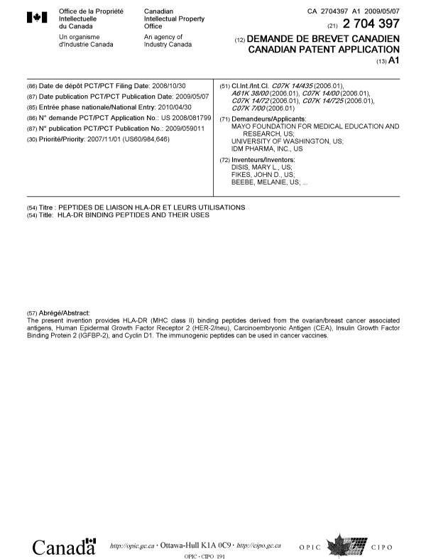 Document de brevet canadien 2704397. Page couverture 20091206. Image 1 de 2