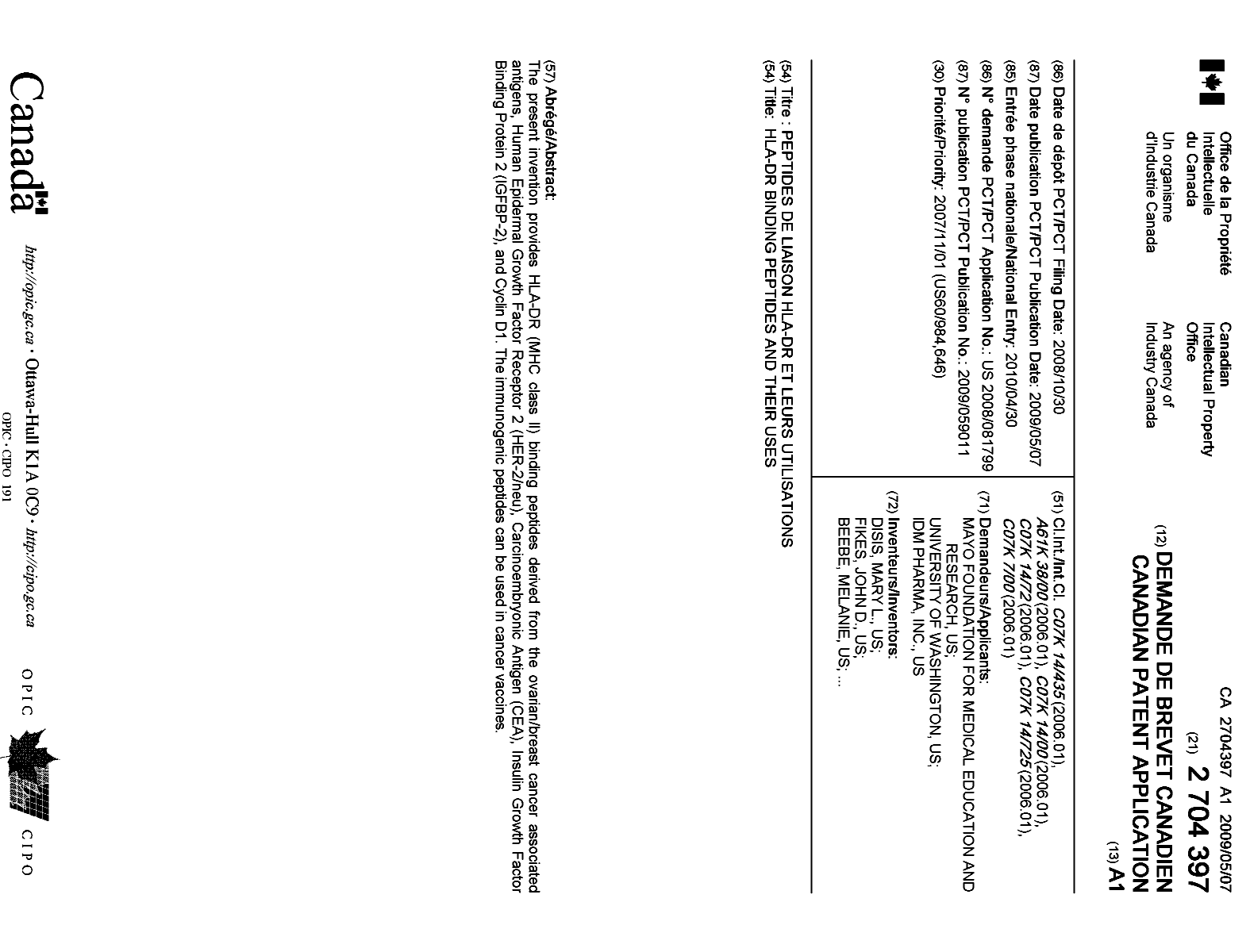 Document de brevet canadien 2704397. Page couverture 20091206. Image 1 de 2