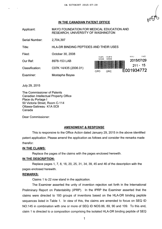 Document de brevet canadien 2704397. Poursuite-Amendment 20141229. Image 1 de 20