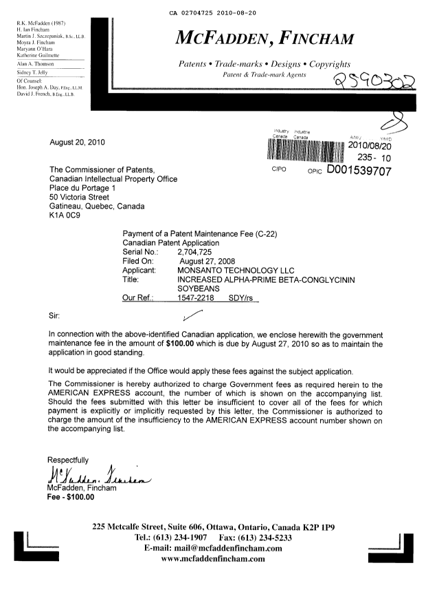 Document de brevet canadien 2704725. Taxes 20100820. Image 1 de 1