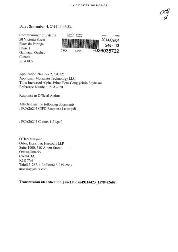 Document de brevet canadien 2704725. Poursuite-Amendment 20131204. Image 1 de 17