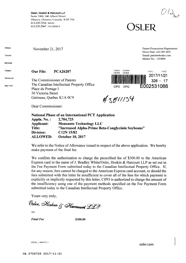 Document de brevet canadien 2704725. Correspondance 20161221. Image 1 de 1