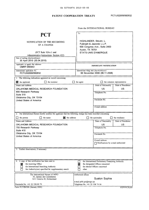 Document de brevet canadien 2704974. PCT 20091205. Image 1 de 7