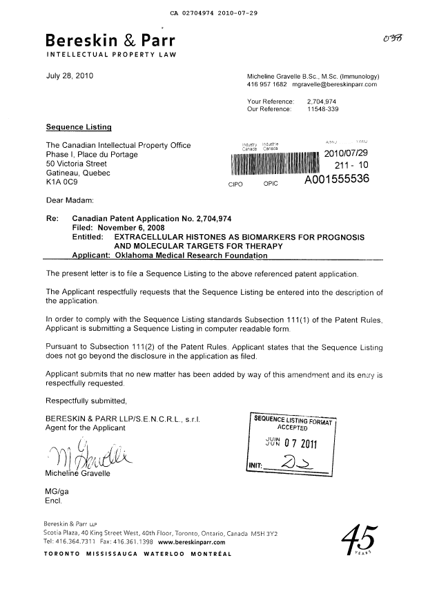 Document de brevet canadien 2704974. Poursuite-Amendment 20091229. Image 1 de 1