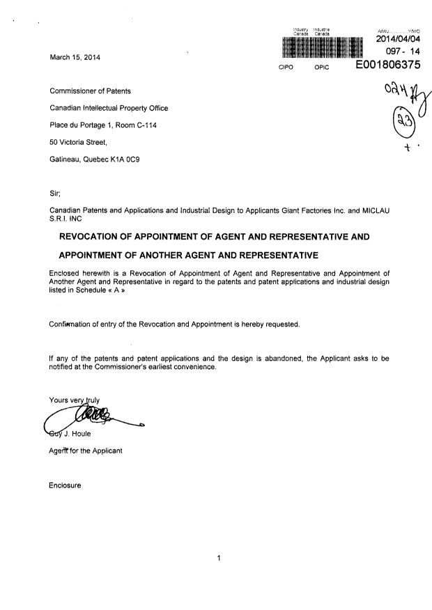Document de brevet canadien 2705079. Correspondance 20131204. Image 1 de 3