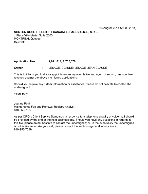 Document de brevet canadien 2705079. Correspondance 20131226. Image 1 de 1