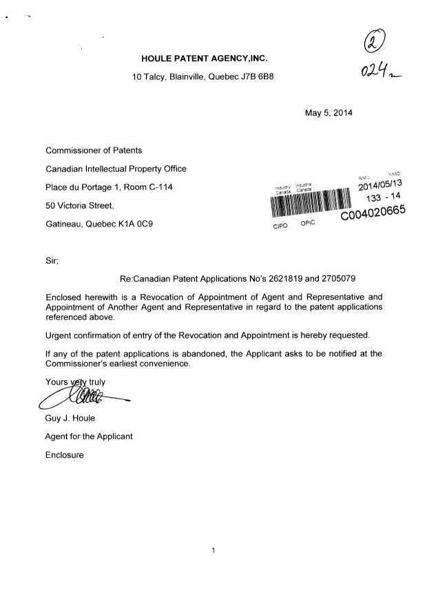 Canadian Patent Document 2705079. Correspondence 20140513. Image 1 of 2