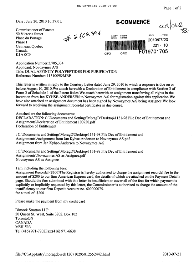 Document de brevet canadien 2705334. Correspondance 20091220. Image 1 de 3
