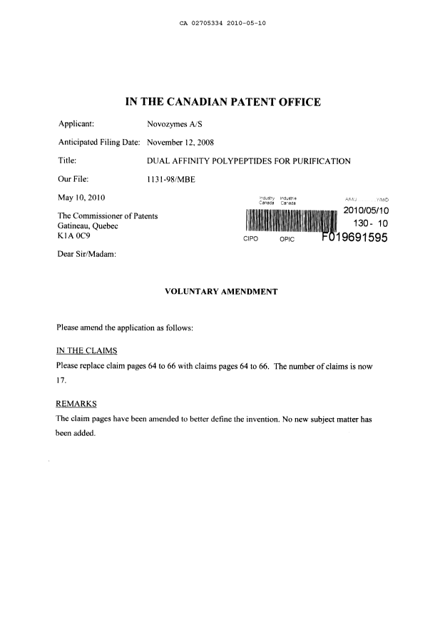 Canadian Patent Document 2705334. Prosecution-Amendment 20100510. Image 1 of 5