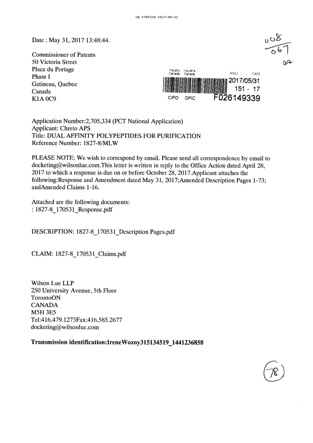 Document de brevet canadien 2705334. Correspondance 20161231. Image 1 de 1