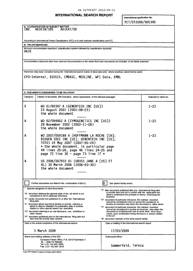 Document de brevet canadien 2705357. PCT 20091211. Image 1 de 5