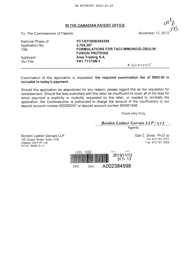 Document de brevet canadien 2705357. Poursuite-Amendment 20121212. Image 1 de 1