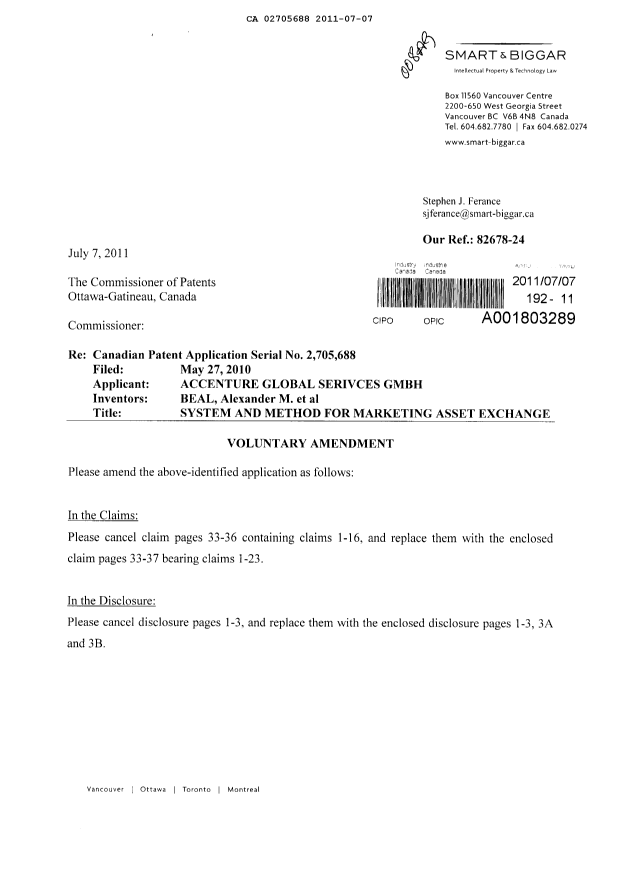 Document de brevet canadien 2705688. Poursuite-Amendment 20101207. Image 1 de 13