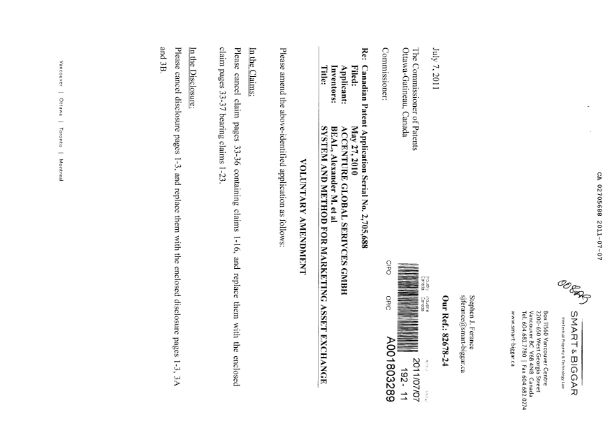 Document de brevet canadien 2705688. Poursuite-Amendment 20101207. Image 1 de 13