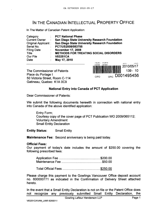 Document de brevet canadien 2706329. Cession 20100517. Image 1 de 6