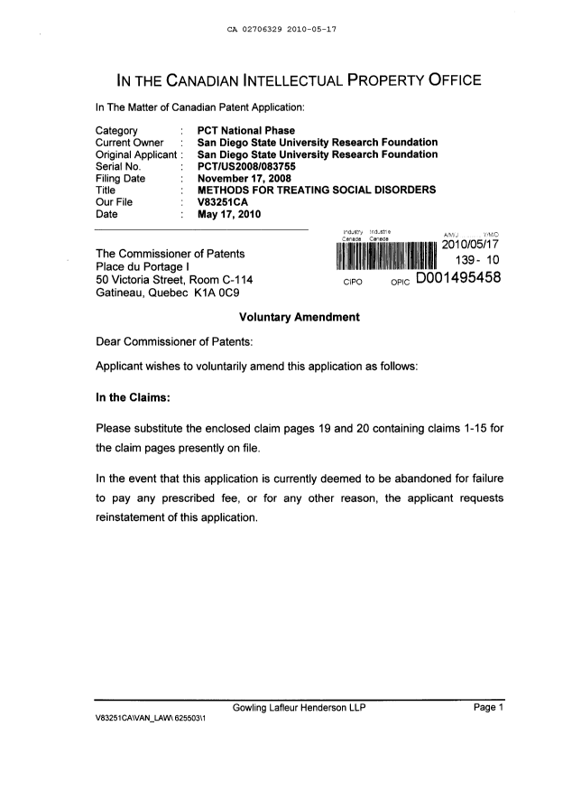 Document de brevet canadien 2706329. Poursuite-Amendment 20100517. Image 1 de 4