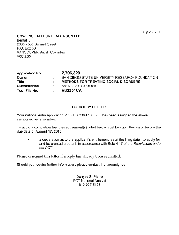 Document de brevet canadien 2706329. Correspondance 20100723. Image 1 de 1