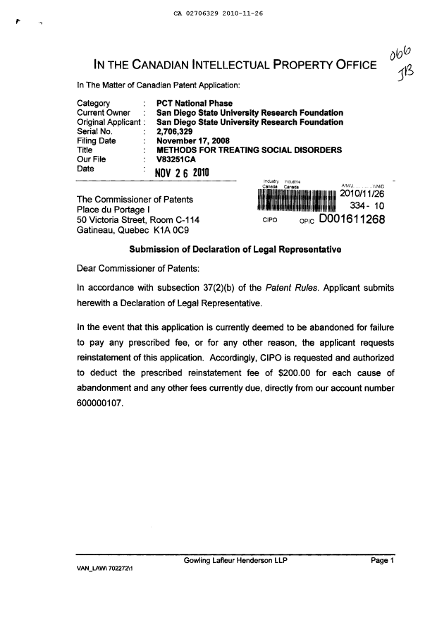 Document de brevet canadien 2706329. Correspondance 20101126. Image 1 de 3