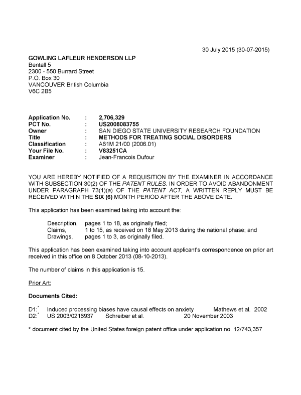 Document de brevet canadien 2706329. Demande d'examen 20150730. Image 1 de 5