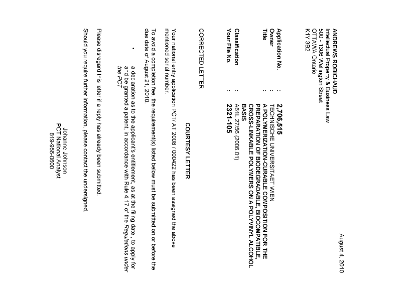 Document de brevet canadien 2706515. Correspondance 20100804. Image 1 de 1