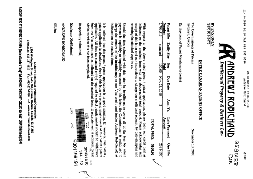 Document de brevet canadien 2706515. Taxes 20101110. Image 1 de 2