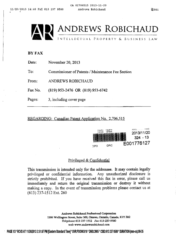 Document de brevet canadien 2706515. Taxes 20131120. Image 2 de 2