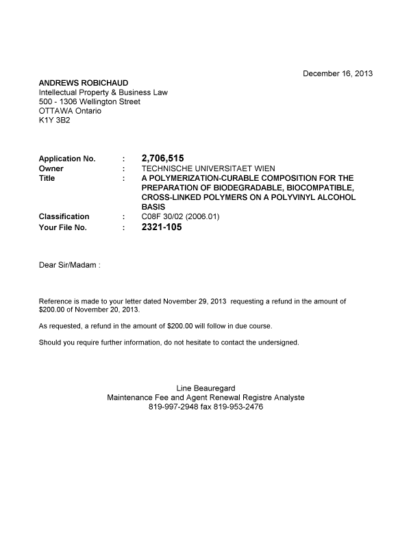 Canadian Patent Document 2706515. Correspondence 20131216. Image 1 of 1