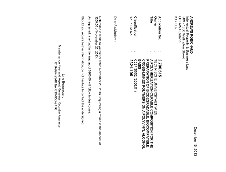 Document de brevet canadien 2706515. Correspondance 20131216. Image 1 de 1