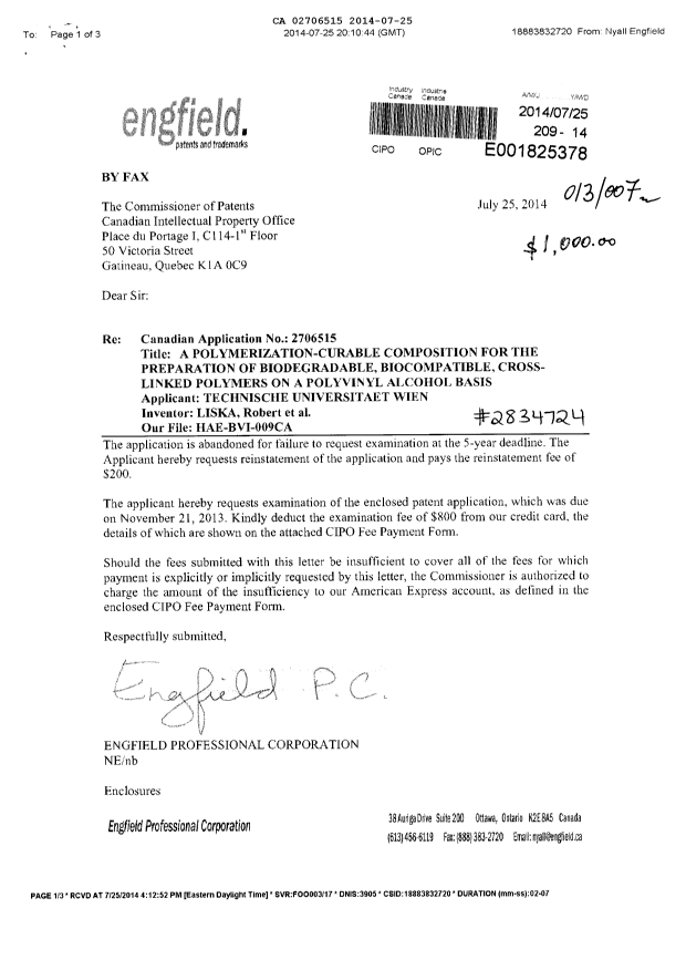 Document de brevet canadien 2706515. Poursuite-Amendment 20131225. Image 1 de 3