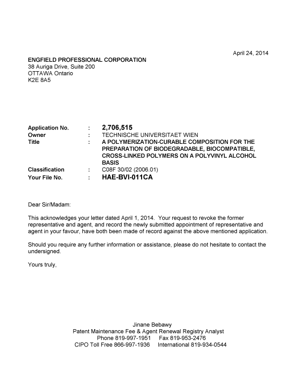 Document de brevet canadien 2706515. Correspondance 20140424. Image 1 de 1