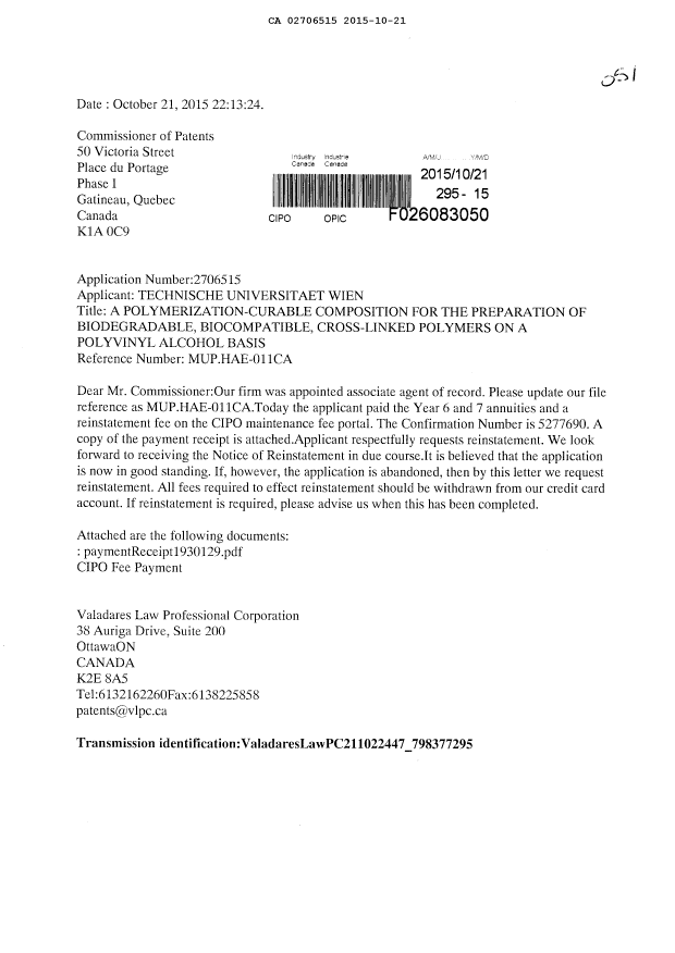 Document de brevet canadien 2706515. Correspondance taxe de maintien 20151021. Image 1 de 2