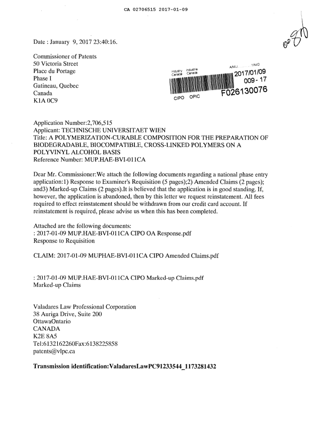 Document de brevet canadien 2706515. Modification 20170109. Image 1 de 10