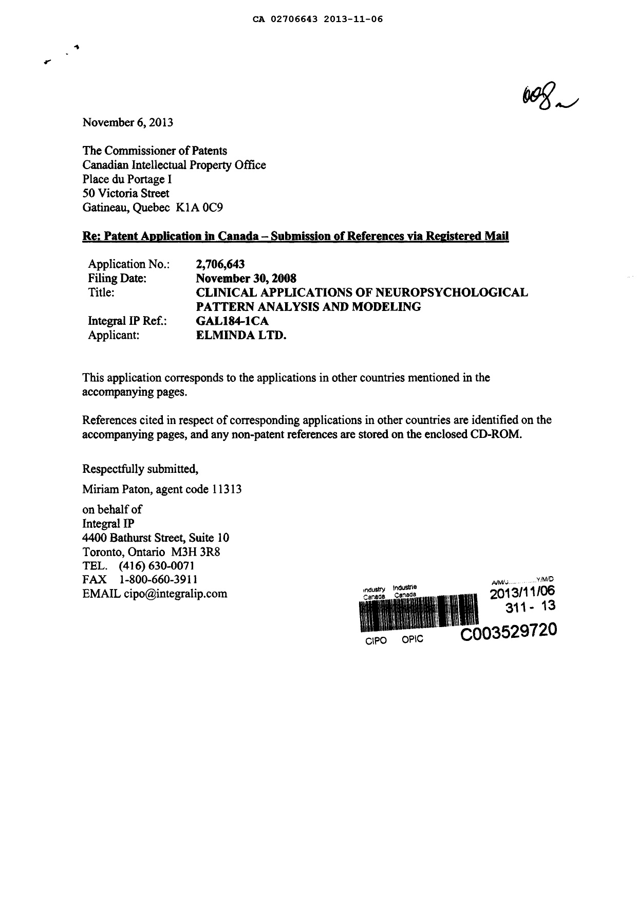 Canadian Patent Document 2706643. Prosecution-Amendment 20121206. Image 1 of 1