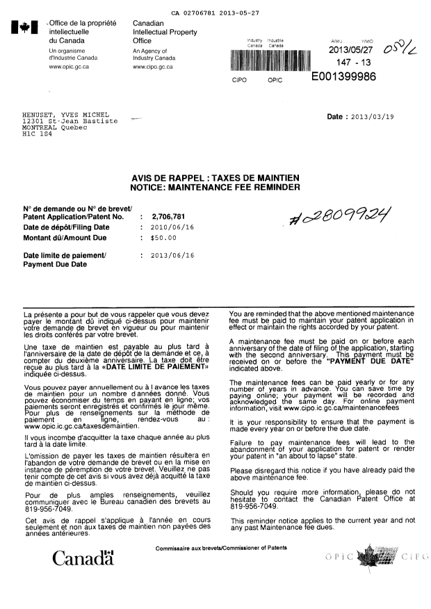 Document de brevet canadien 2706781. Taxes 20121227. Image 1 de 1