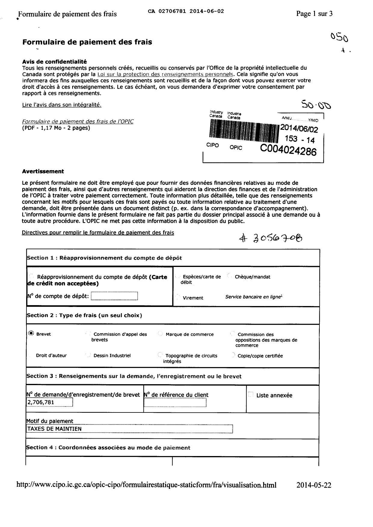 Canadian Patent Document 2706781. Fees 20131202. Image 1 of 3