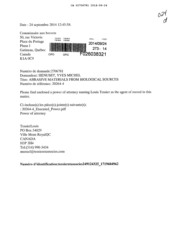 Document de brevet canadien 2706781. Correspondance 20131224. Image 1 de 2