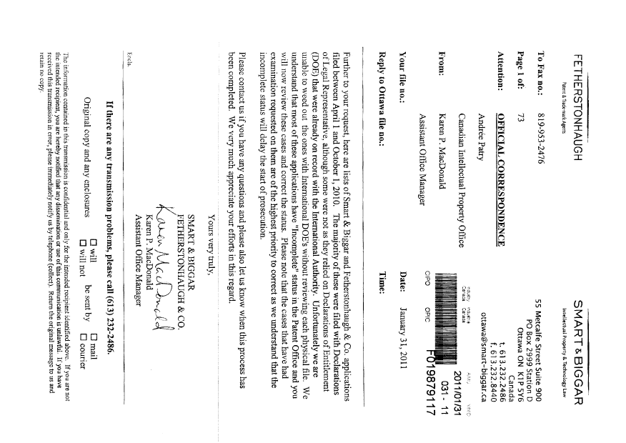 Document de brevet canadien 2706920. Correspondance 20101231. Image 1 de 2
