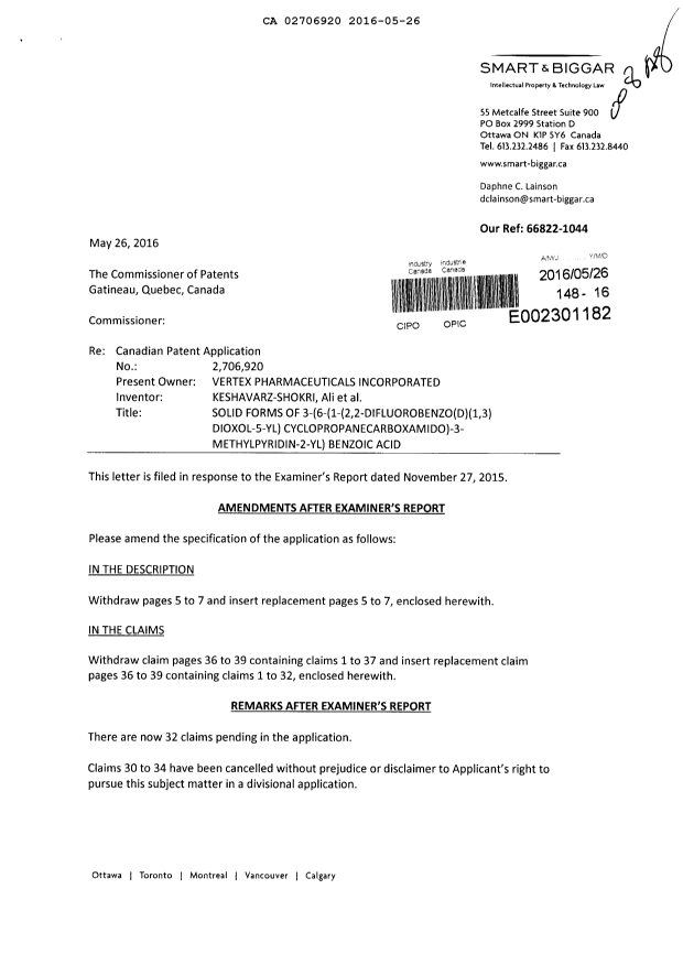 Canadian Patent Document 2706920. Prosecution-Amendment 20151226. Image 1 of 13