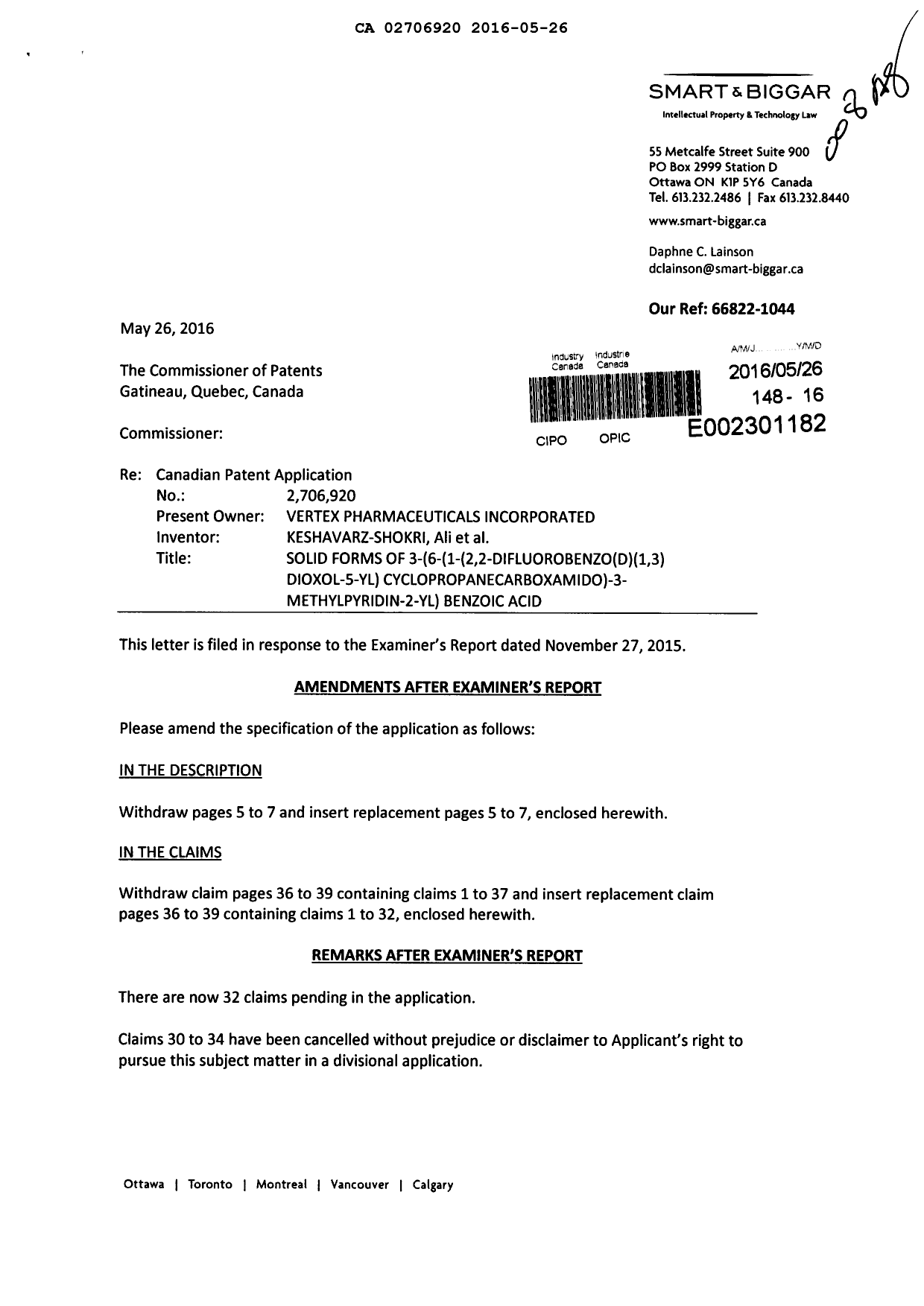 Canadian Patent Document 2706920. Prosecution-Amendment 20151226. Image 1 of 13