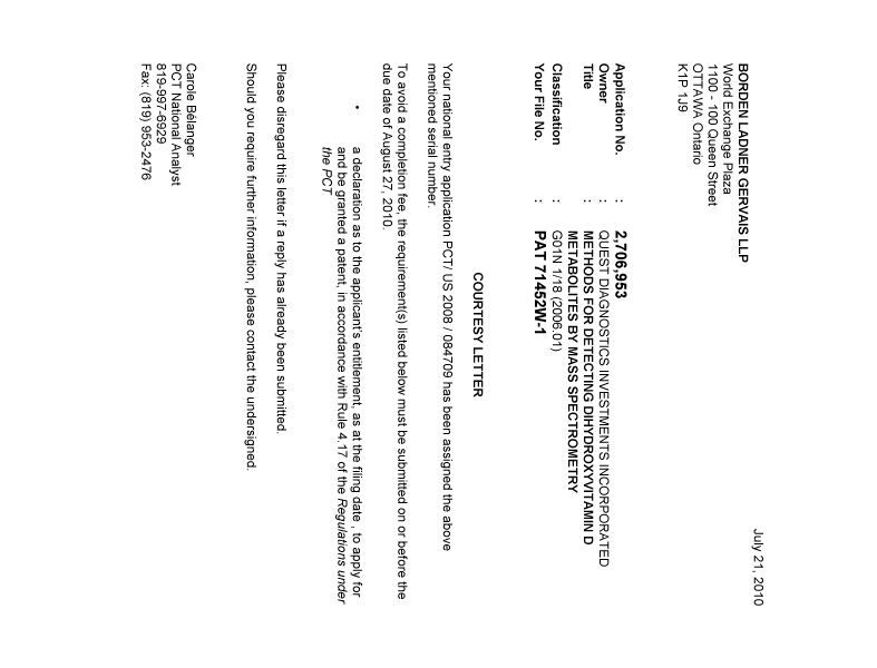 Canadian Patent Document 2706953. Correspondence 20091221. Image 1 of 1