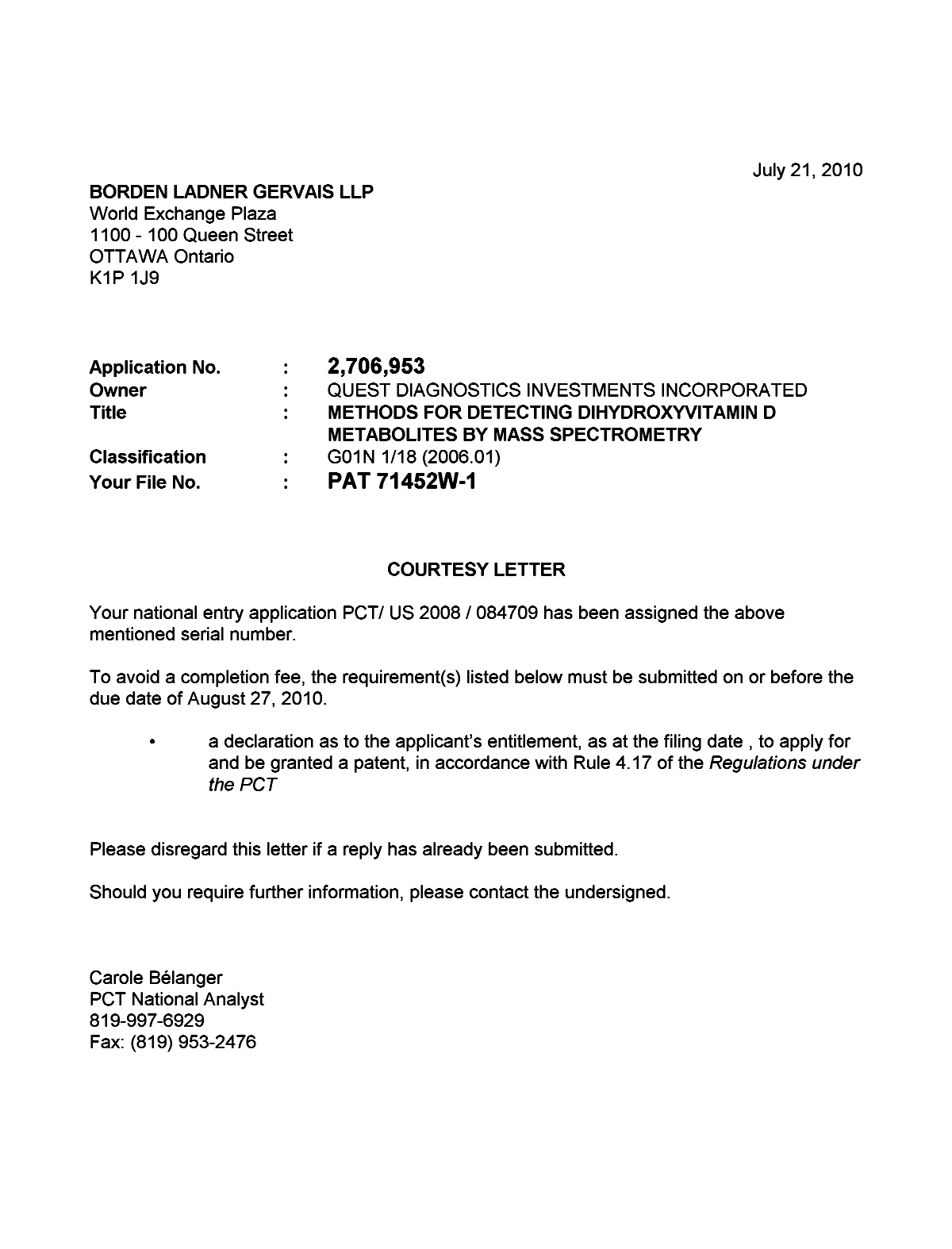 Canadian Patent Document 2706953. Correspondence 20091221. Image 1 of 1