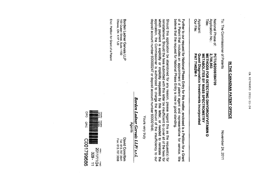 Canadian Patent Document 2706953. Correspondence 20101224. Image 1 of 3