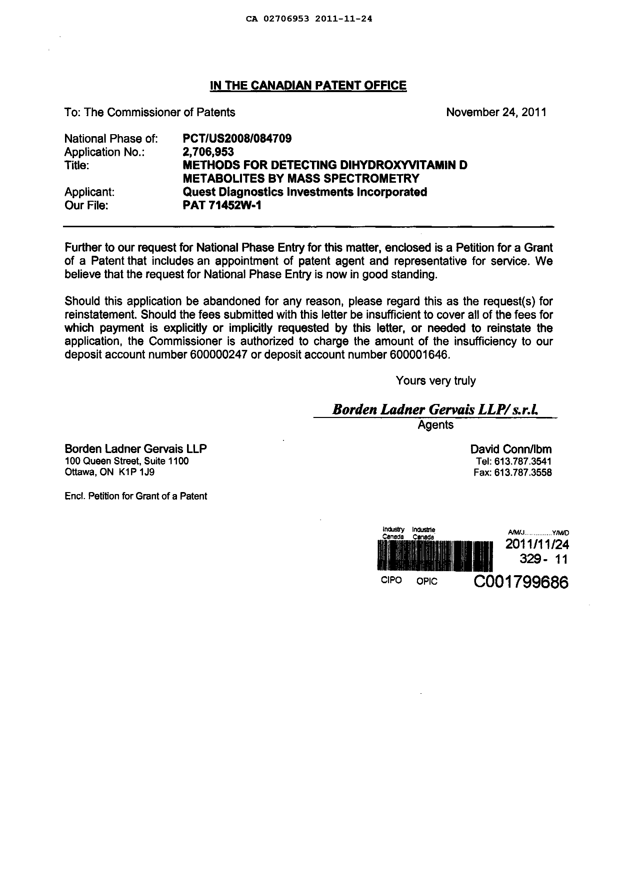 Document de brevet canadien 2706953. Correspondance 20101224. Image 1 de 3