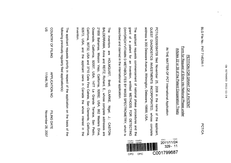 Document de brevet canadien 2706953. Correspondance 20101224. Image 2 de 3