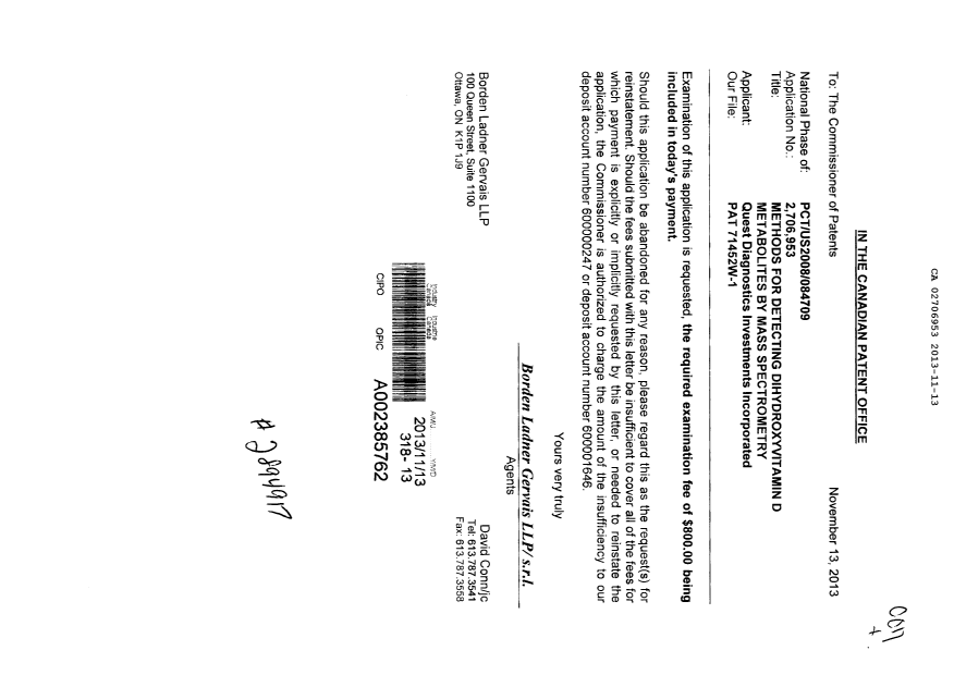 Document de brevet canadien 2706953. Poursuite-Amendment 20121213. Image 1 de 1