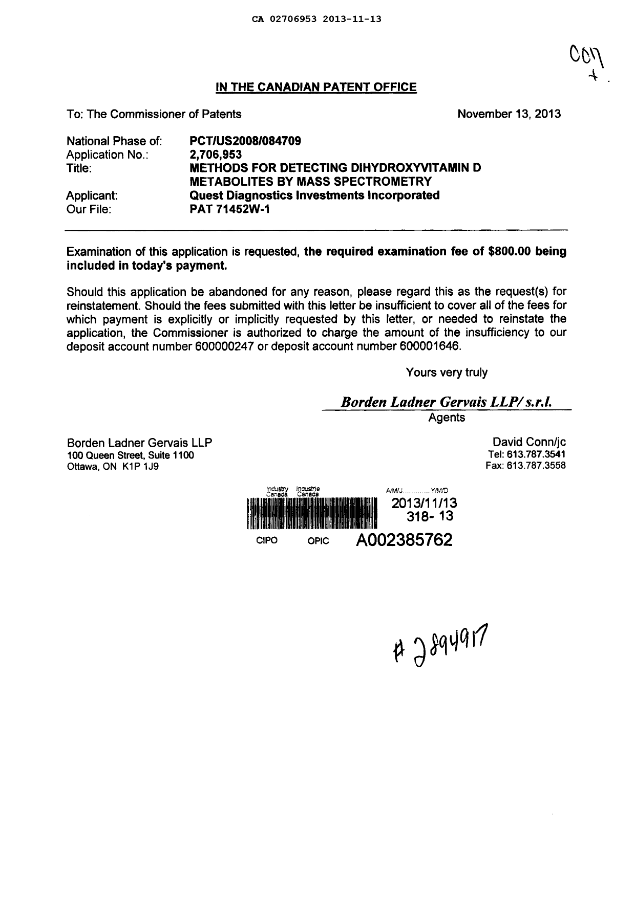 Document de brevet canadien 2706953. Poursuite-Amendment 20121213. Image 1 de 1
