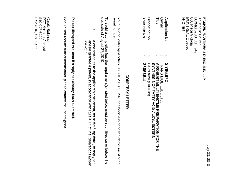 Document de brevet canadien 2706972. Correspondance 20100723. Image 1 de 1