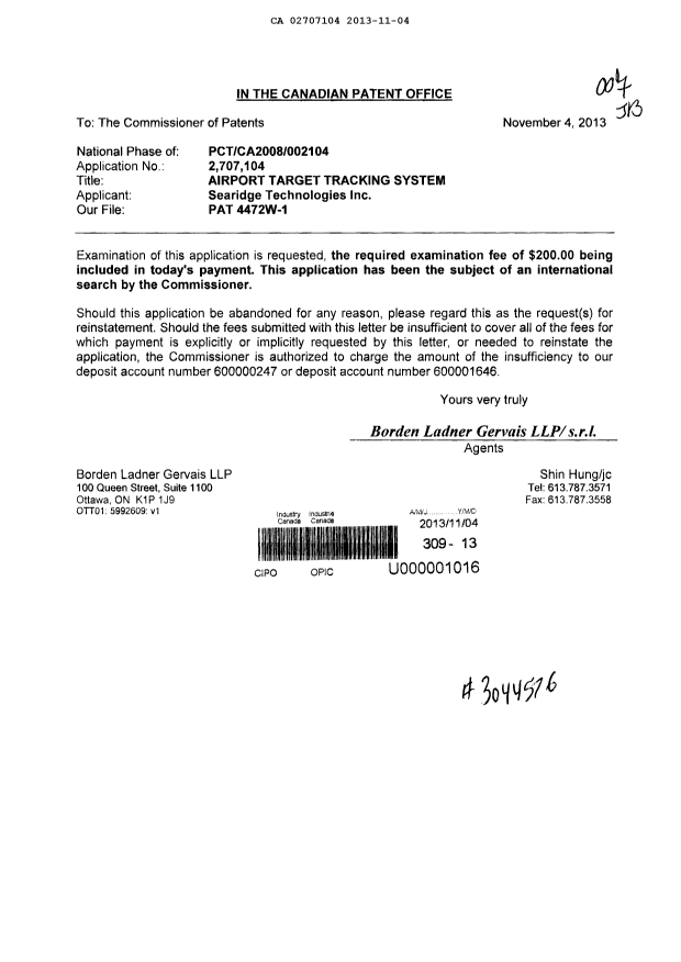 Document de brevet canadien 2707104. Poursuite-Amendment 20121204. Image 1 de 1